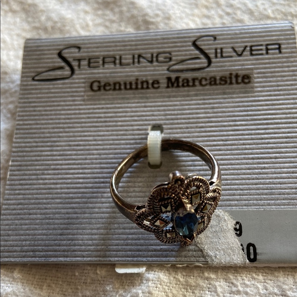 Genuine 925 Sterling silver Marcasite Ring gem Blue topaz Stone gemstone PRETTY